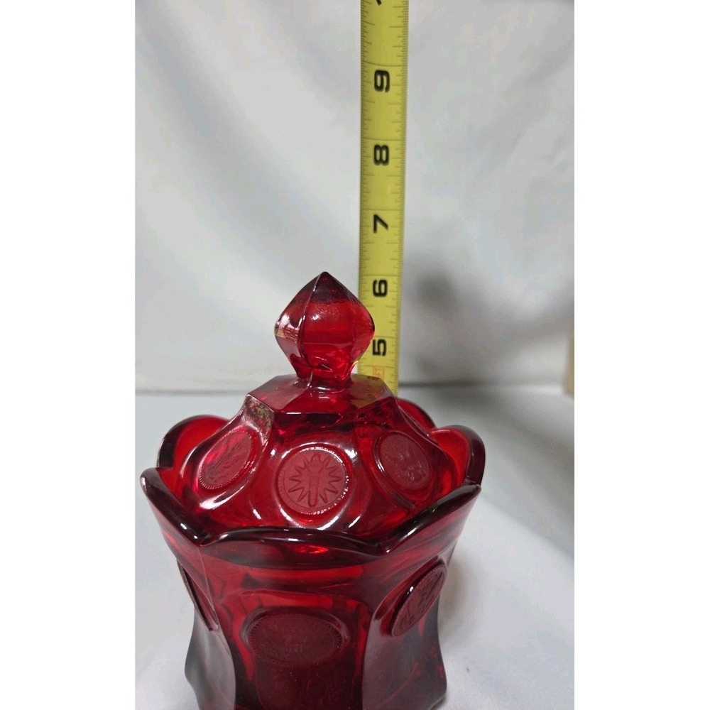 Vintage Fostoria Ruby Red Coin Glass 6.5"H, 4.25 W, 3.5" Depth Lidded Candy Dish - Picture 7 of 7